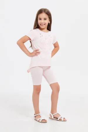 Girls Pink Embroidered Legging Set (2 Piece)