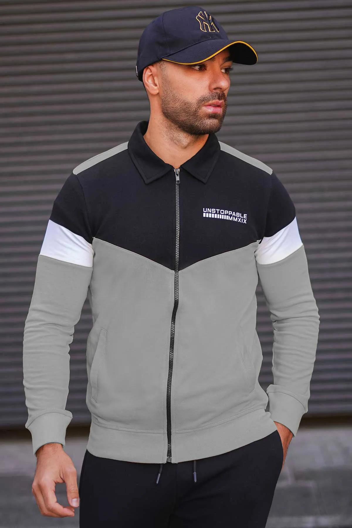 Grey Contrast Panelled Zipper Jacket - W23 - MJ0016R