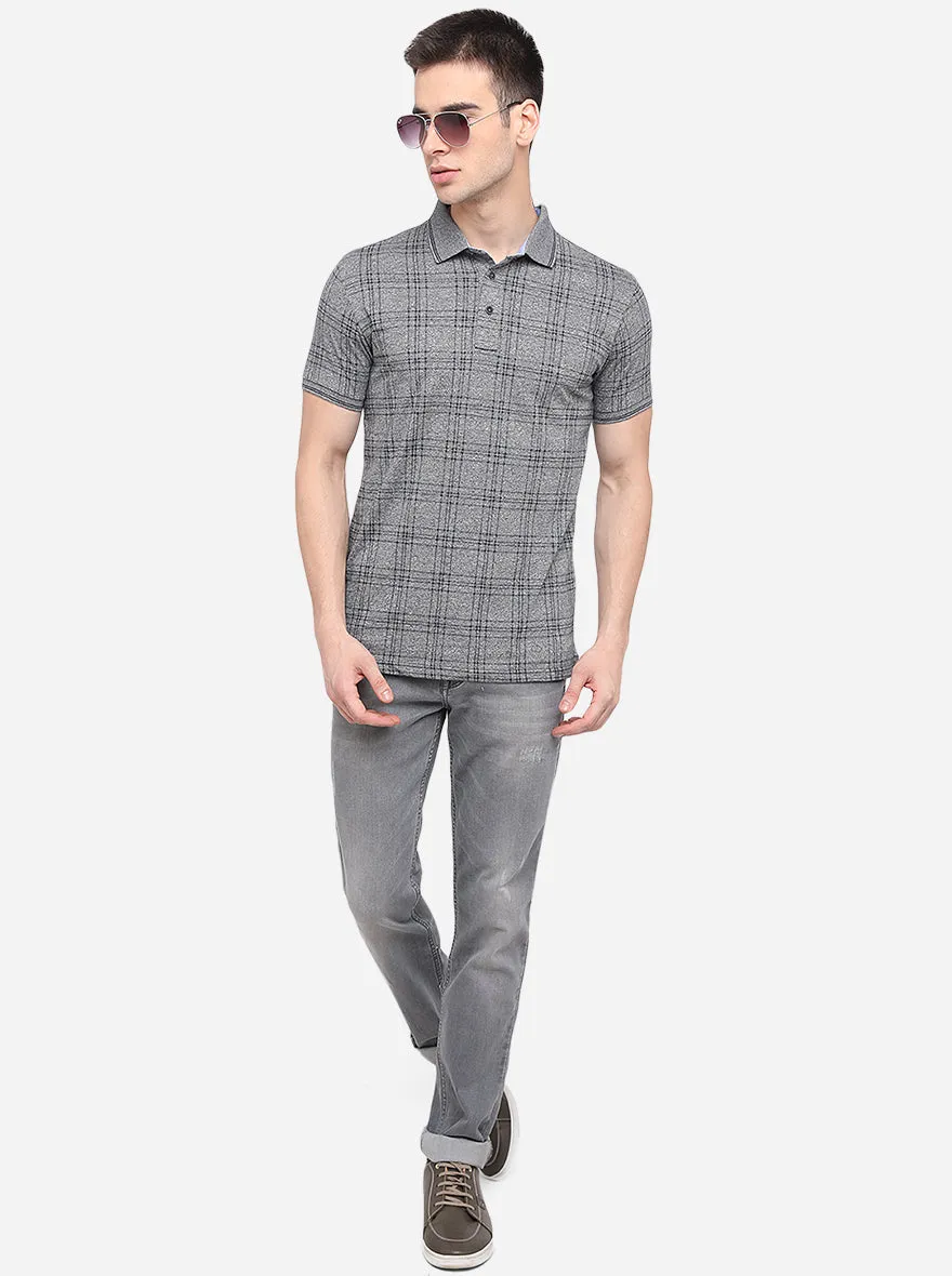 Grey Printed Slim Fit Polo T-Shirt | JadeBlue