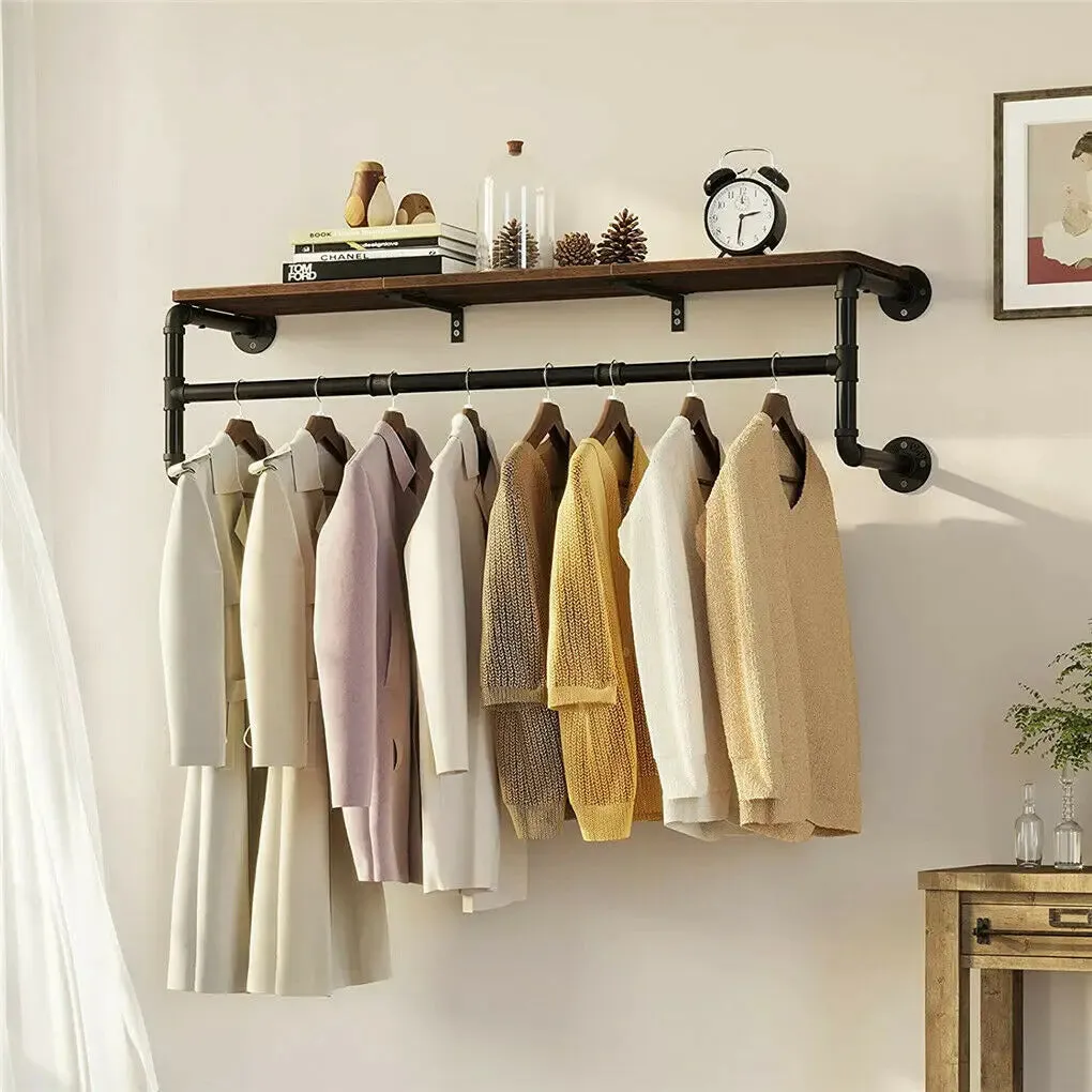 Industrial Pipe Clothing Rack Wall Mounted Wood Shelf Pipe Shelving Floating Shelves Retail Garment Rack Display Racks