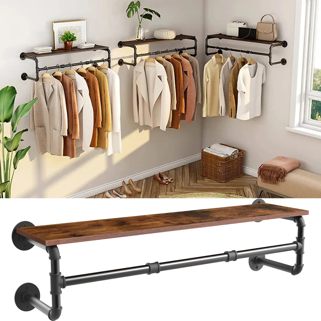 Industrial Pipe Clothing Rack Wall Mounted Wood Shelf Pipe Shelving Floating Shelves Retail Garment Rack Display Racks