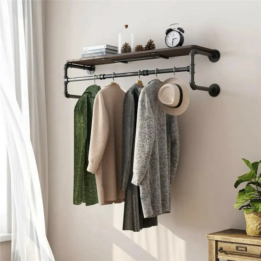 Industrial Pipe Clothing Rack Wall Mounted Wood Shelf Pipe Shelving Floating Shelves Retail Garment Rack Display Racks