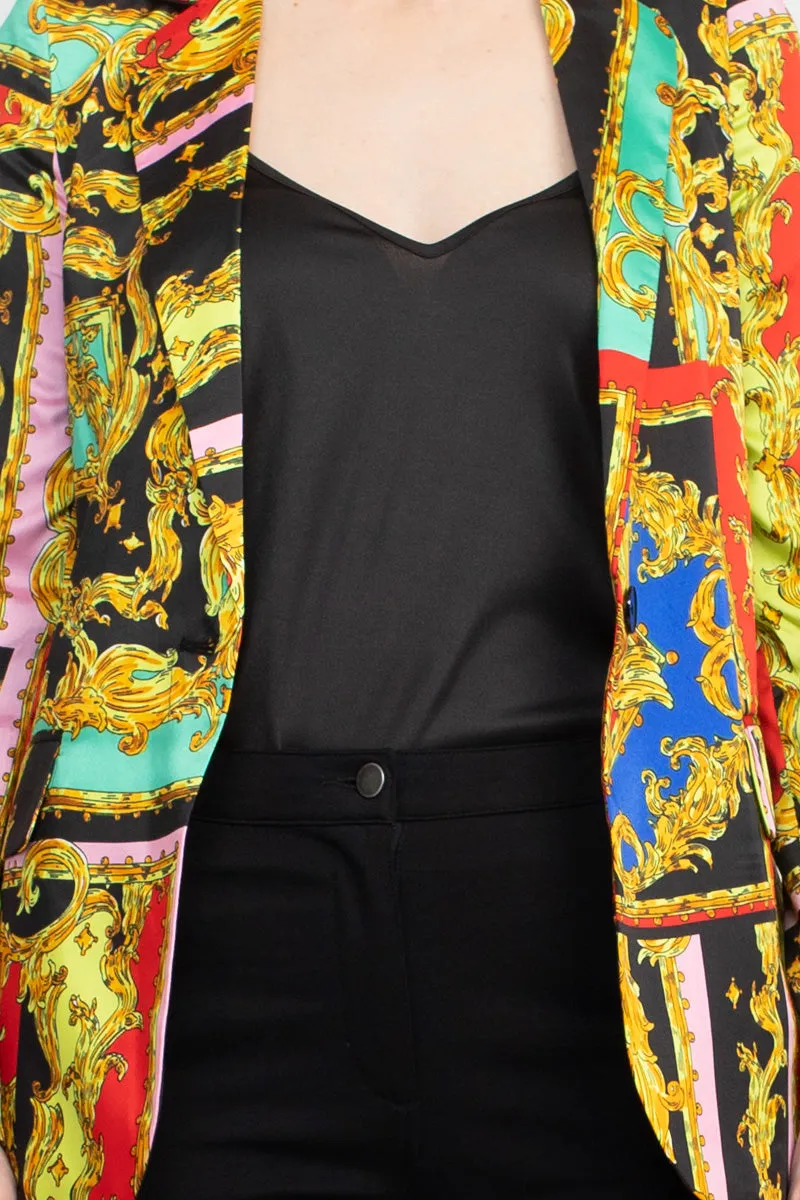 Industry Notched Collar One Button Closure Long Sleeve Multi Print Blazer