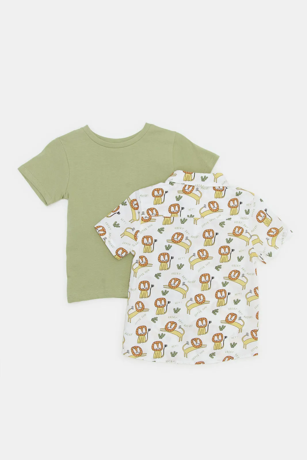 Infant Boys White And Green Lion Print Shirt Set (Pack of 2)