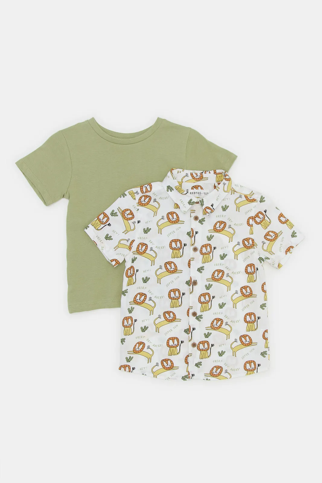 Infant Boys White And Green Lion Print Shirt Set (Pack of 2)