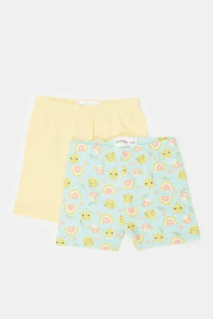 Infant Girls Yellow And Mint Print Shorts (Pack of 2)