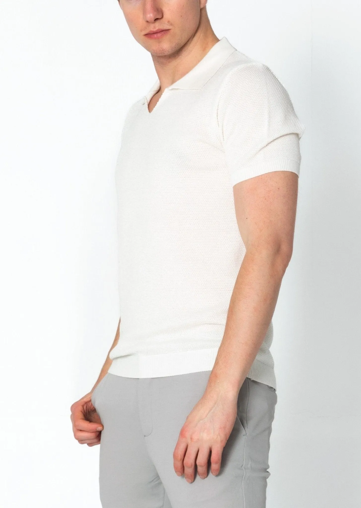 Jersey Knit V-neck Polo - Off White