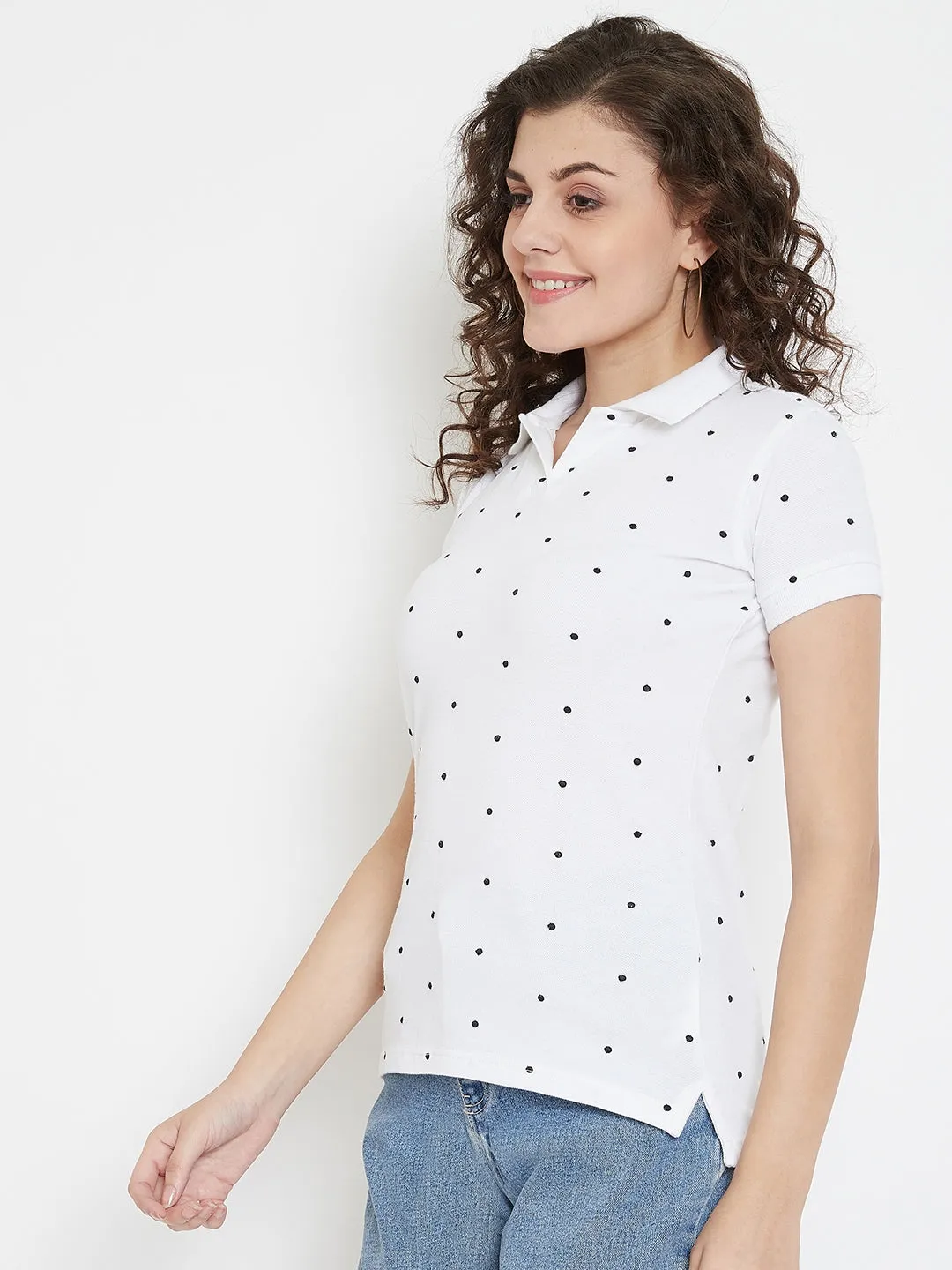 JUMP USA Women Polka Dots Embroidery Polo T-shirt