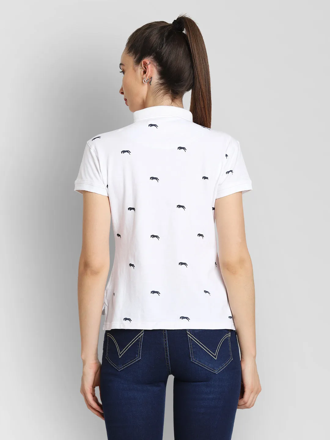 JUMP USA Women White & Navy Blue Printed Polo Collar T-Shirt