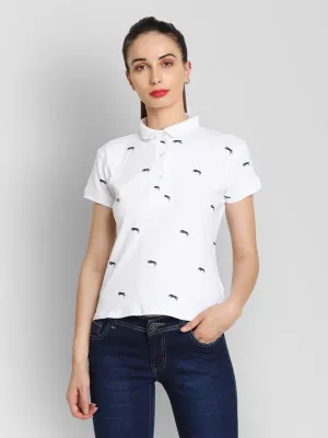 JUMP USA Women White & Navy Blue Printed Polo Collar T-Shirt