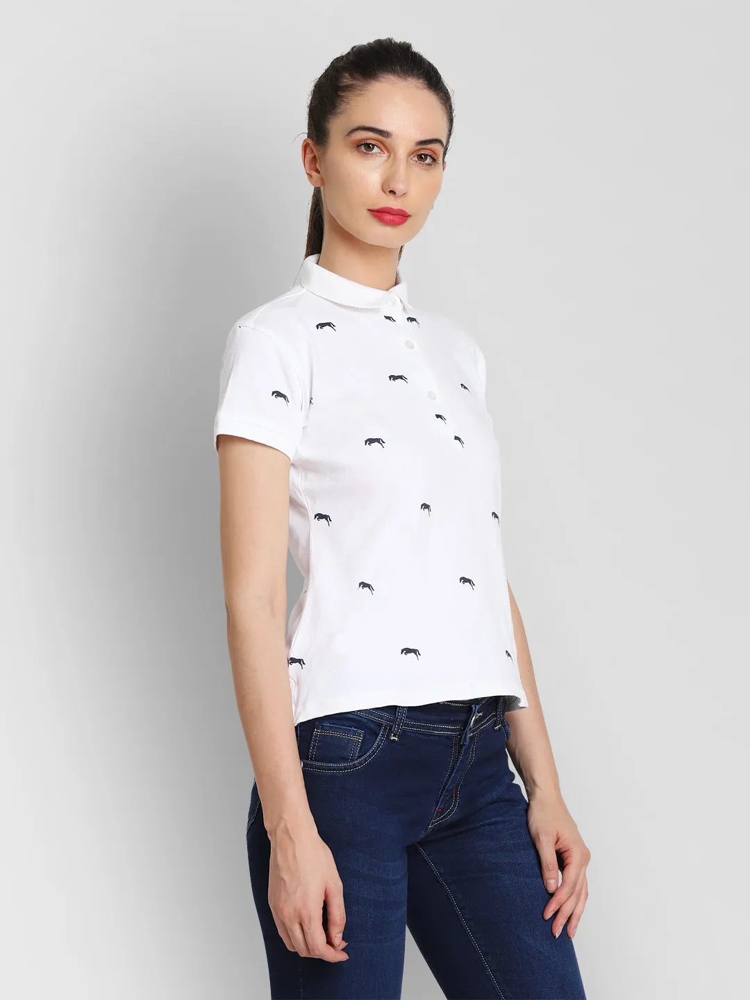 JUMP USA Women White & Navy Blue Printed Polo Collar T-Shirt