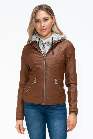 kesley Faux Layered Double-Zipper Jacket with Fuzzy Hood