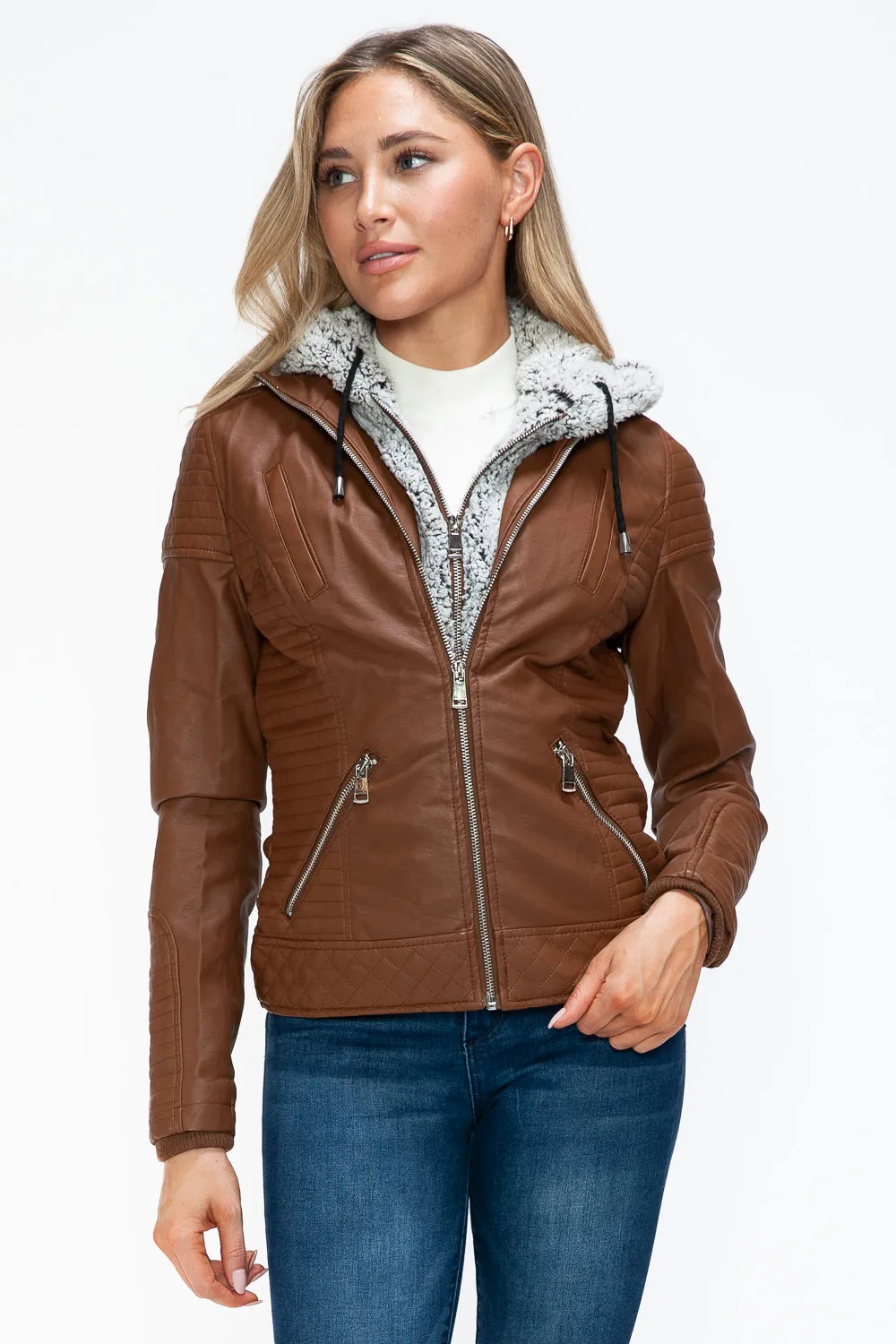 kesley Faux Layered Double-Zipper Jacket with Fuzzy Hood