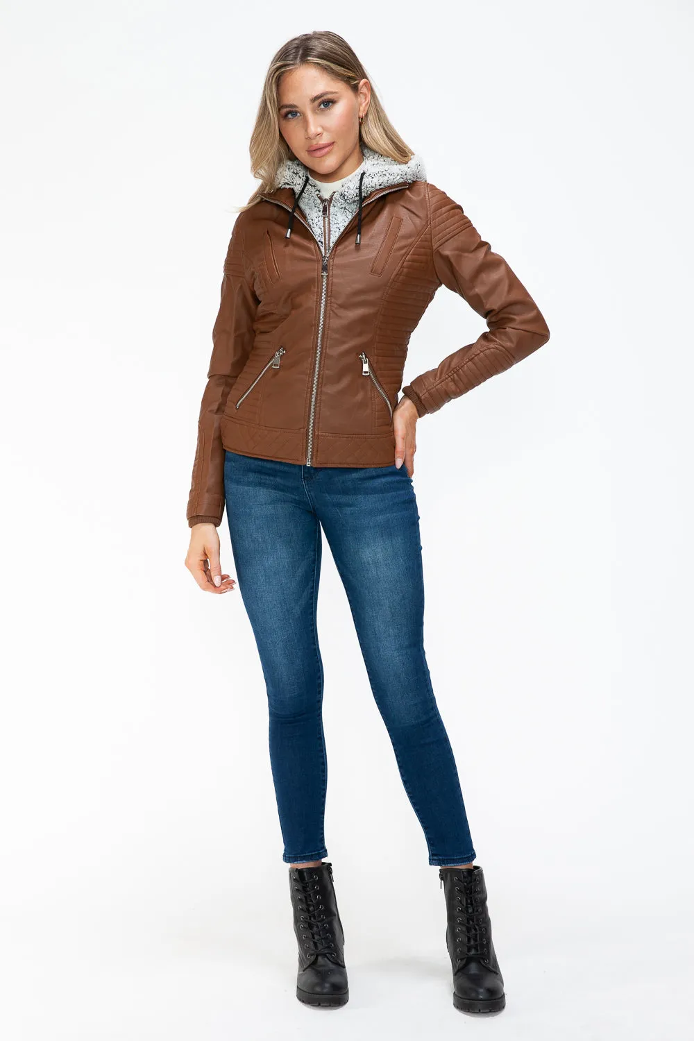 kesley Faux Layered Double-Zipper Jacket with Fuzzy Hood