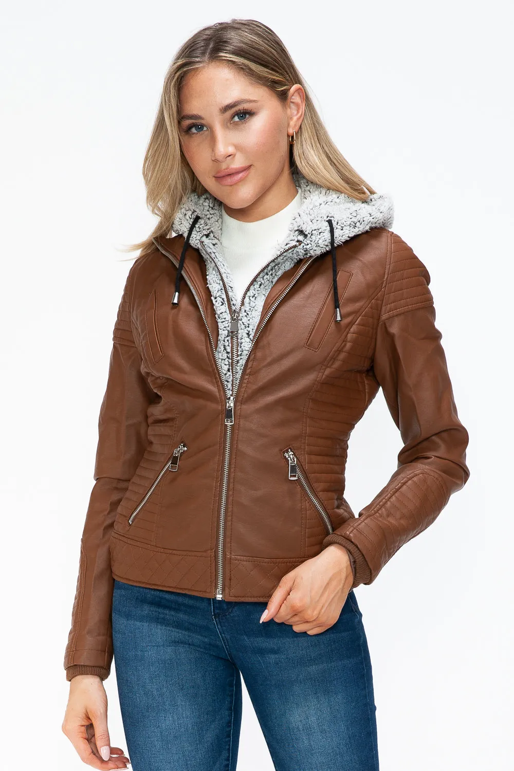 kesley Faux Layered Double-Zipper Jacket with Fuzzy Hood