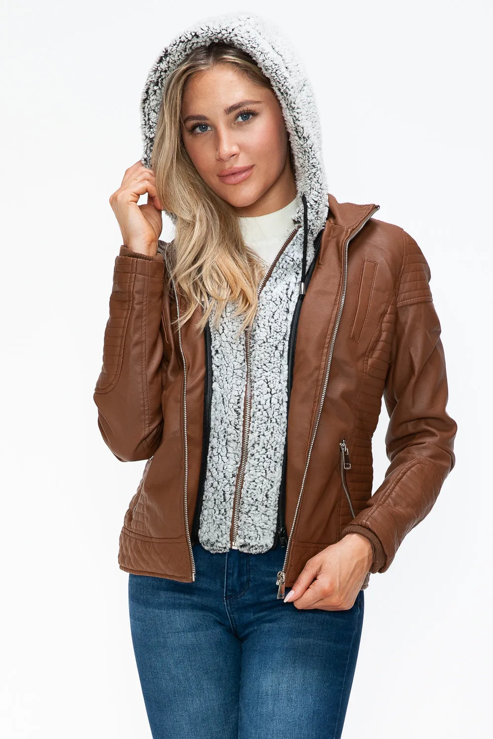 kesley Faux Layered Double-Zipper Jacket with Fuzzy Hood