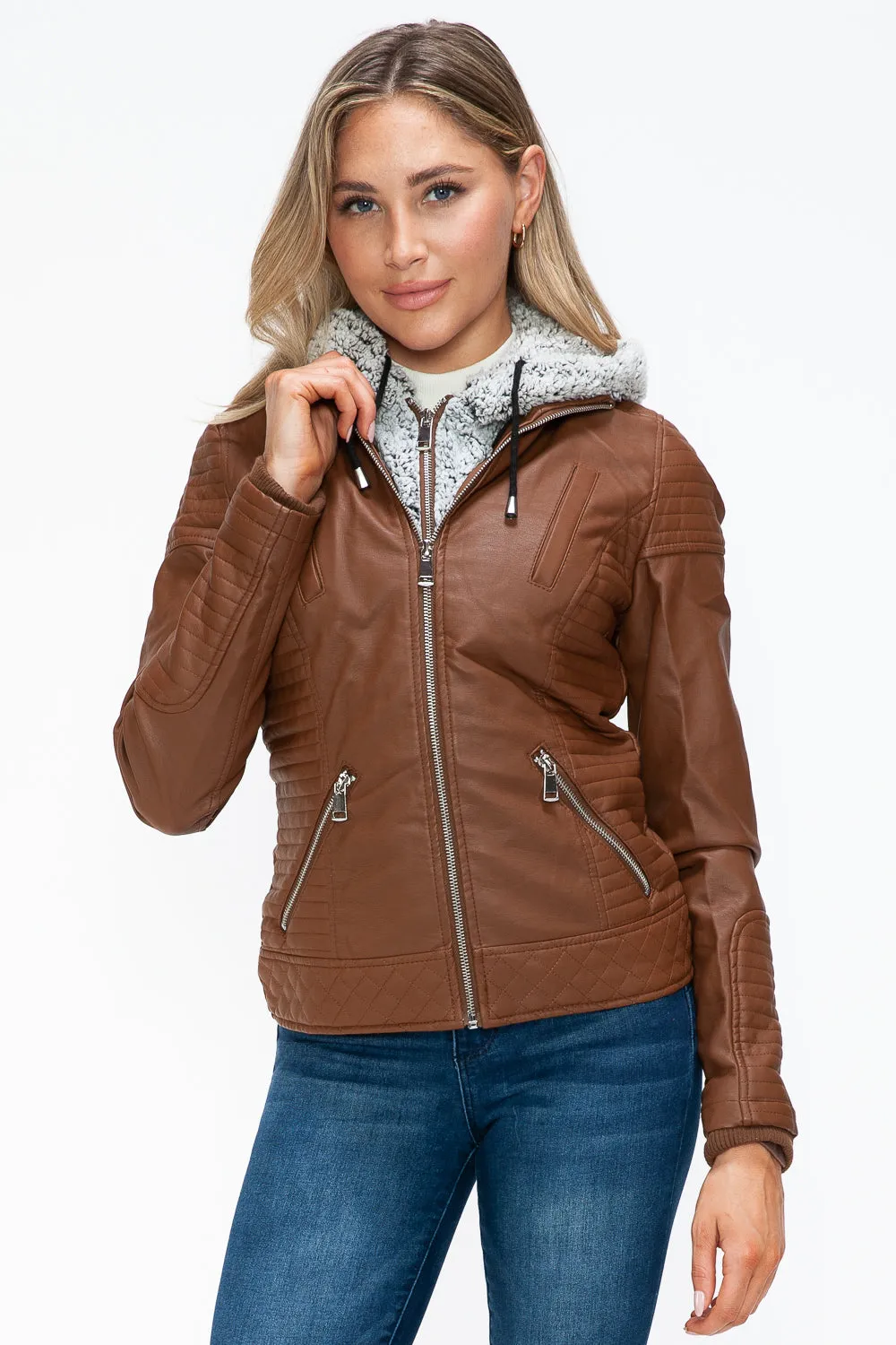 kesley Faux Layered Double-Zipper Jacket with Fuzzy Hood