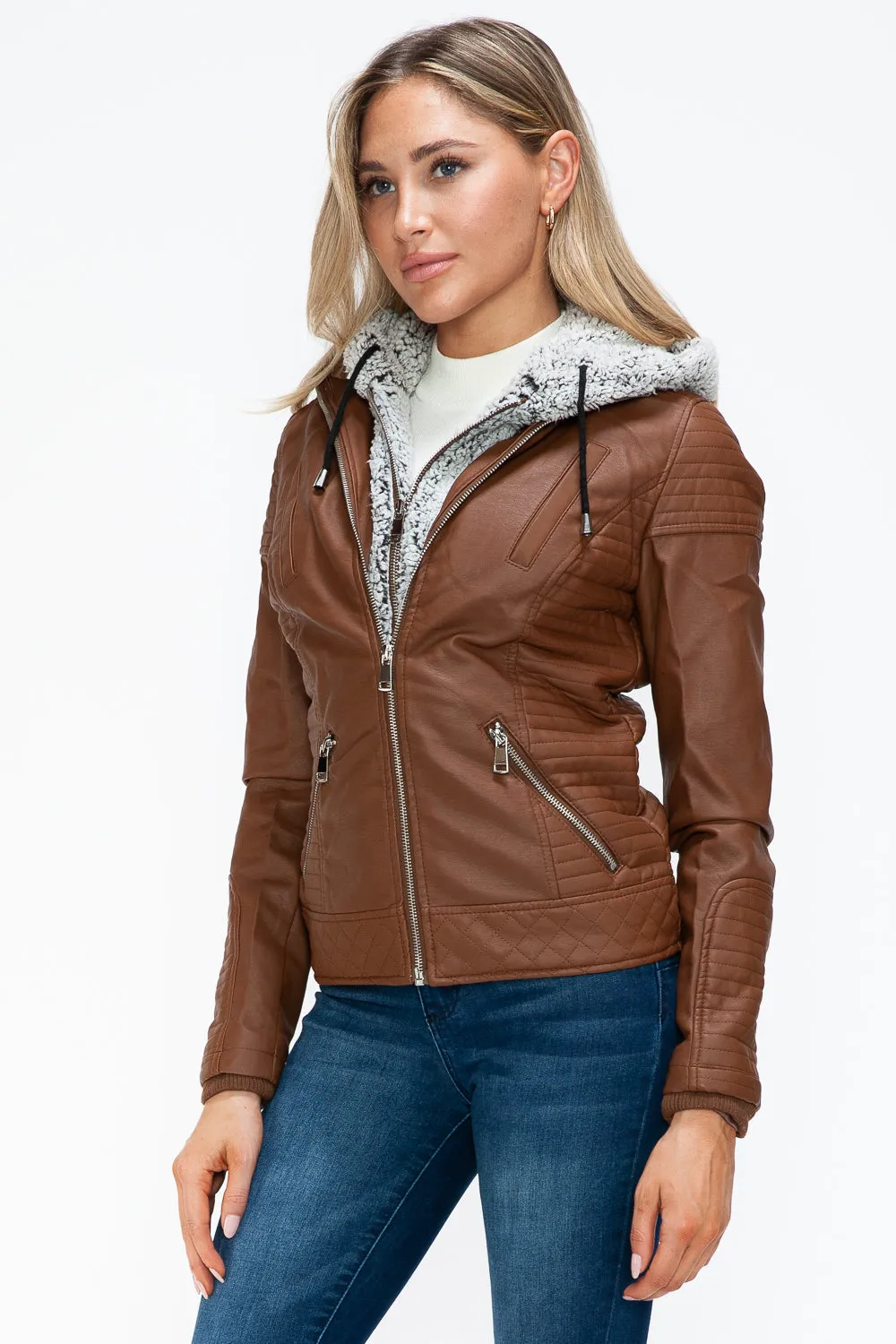 kesley Faux Layered Double-Zipper Jacket with Fuzzy Hood