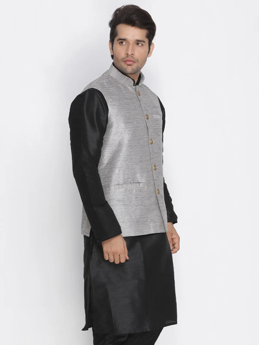 Men's Grey Cotton Silk Blend Ethnic Jacket