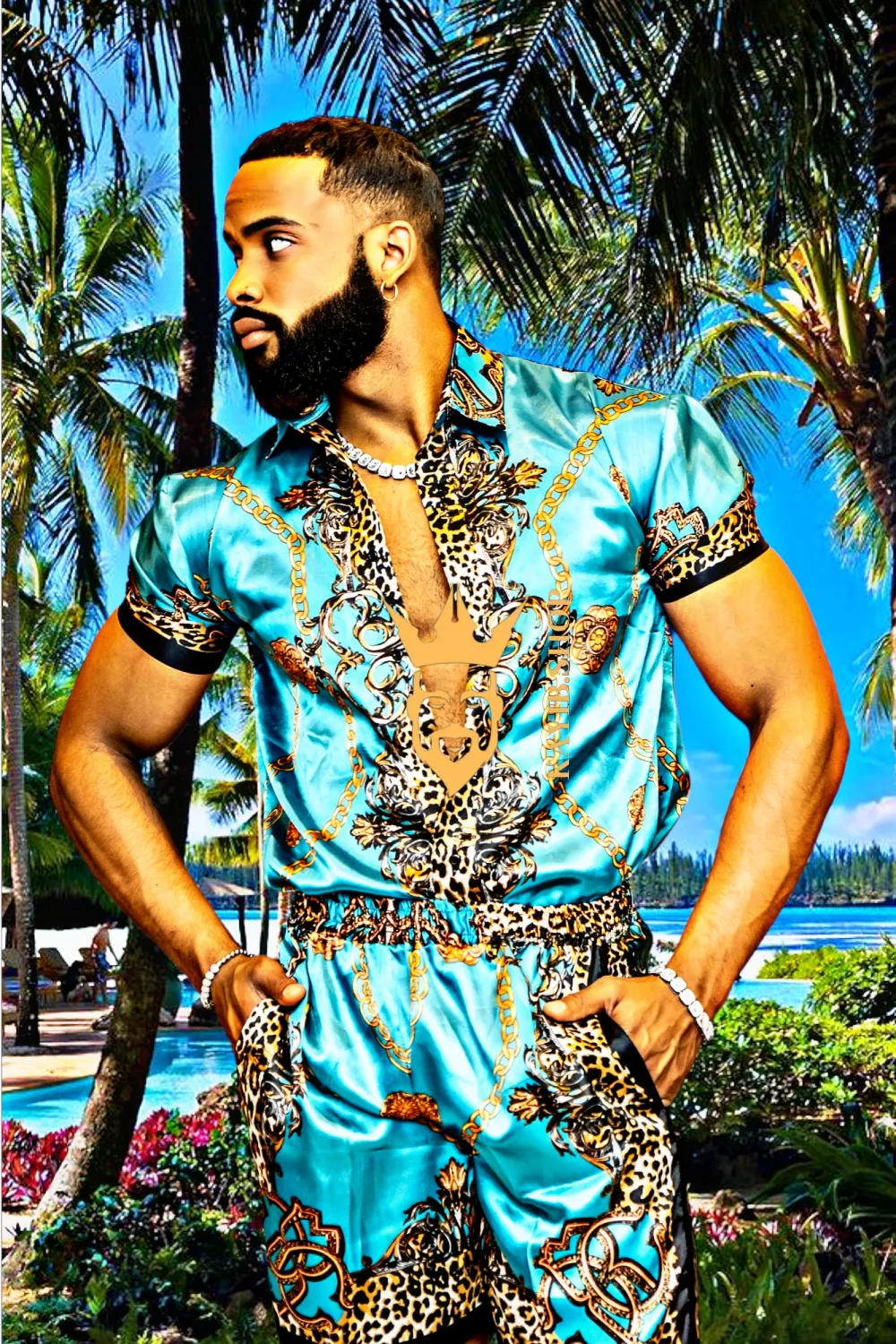 Men's Short Sleeve Floral Silk Button-Down Shirt Set - Elevate Your Summer Style with Luxurious Comfort and Vibrant Baroque Print