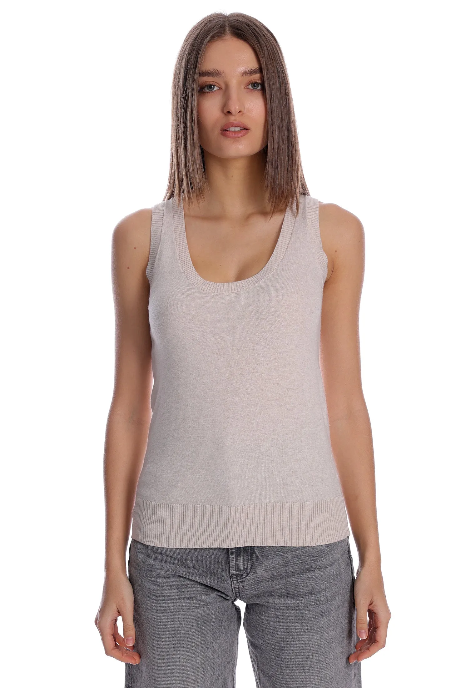 Minnie Rose Supima Cotton Cashmere Scoop Neck tank Brown Sugar