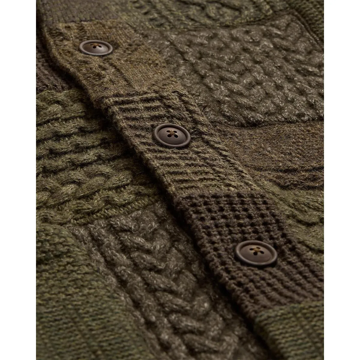 Patchwork Wool-Blend Shawl Cardigan Olive Multi