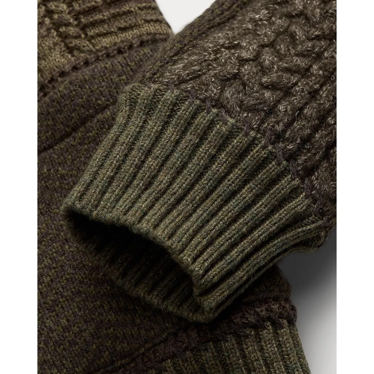 Patchwork Wool-Blend Shawl Cardigan Olive Multi