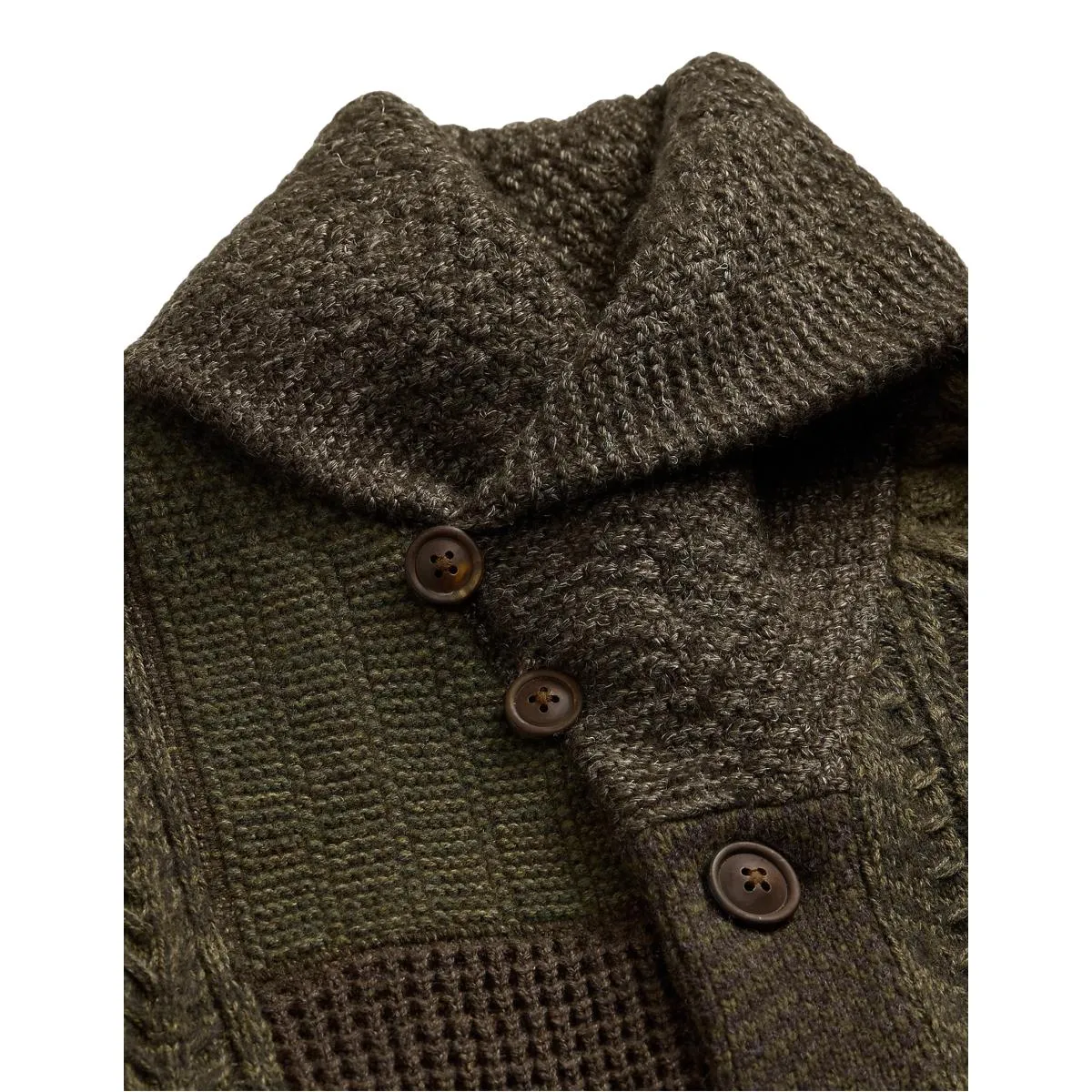 Patchwork Wool-Blend Shawl Cardigan Olive Multi