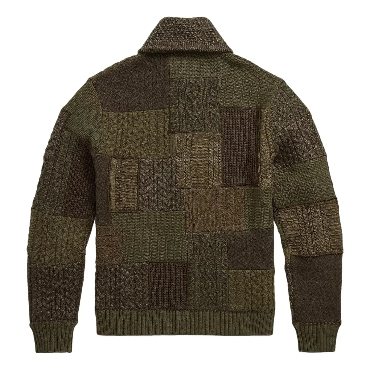 Patchwork Wool-Blend Shawl Cardigan Olive Multi