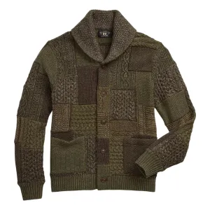 Patchwork Wool-Blend Shawl Cardigan Olive Multi