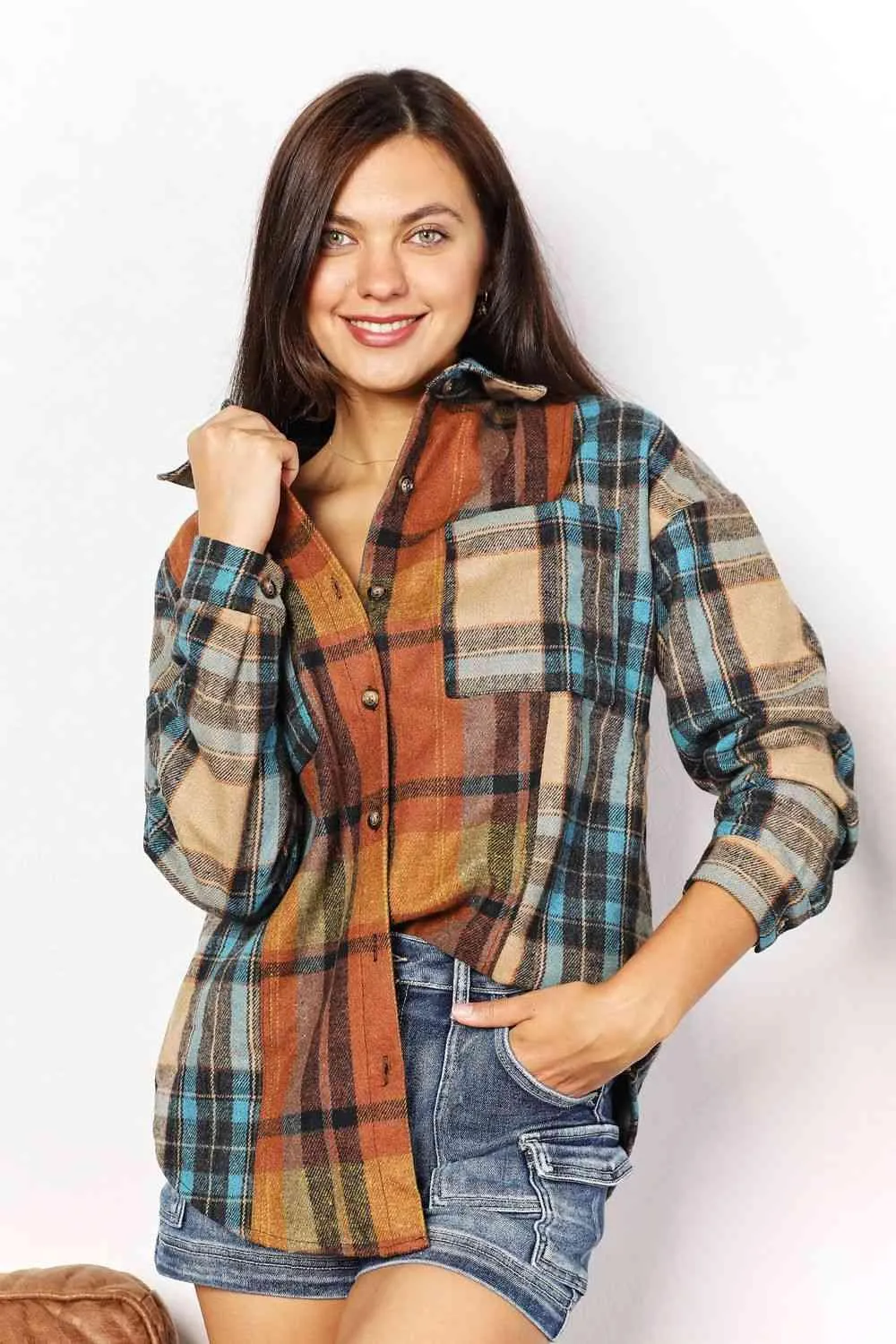 Plaid Curved Hem Shirt Jacket