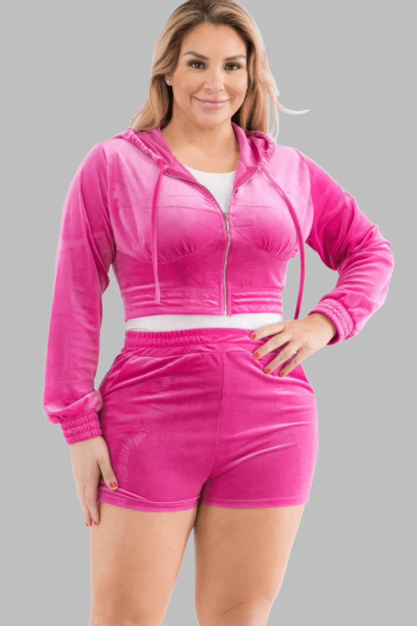 Plus Size Velour Crop Zip Up Hoodie And Shorts Set