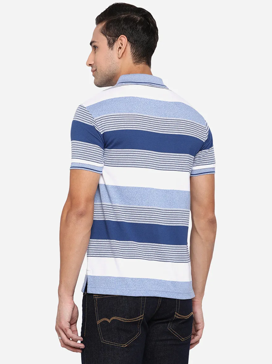 Powder Blue Striped Slim Fit Polo T-Shirt | Greenfibre