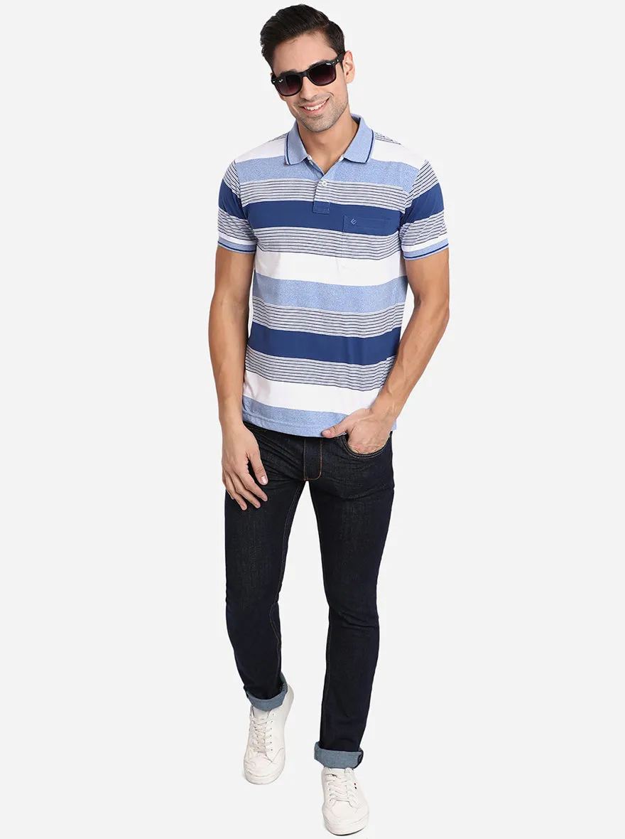 Powder Blue Striped Slim Fit Polo T-Shirt | Greenfibre