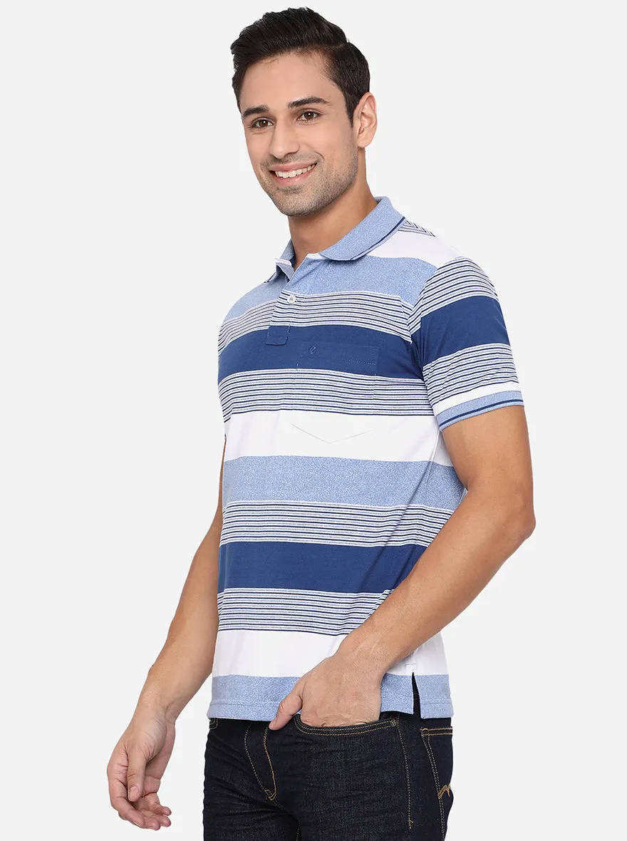 Powder Blue Striped Slim Fit Polo T-Shirt | Greenfibre