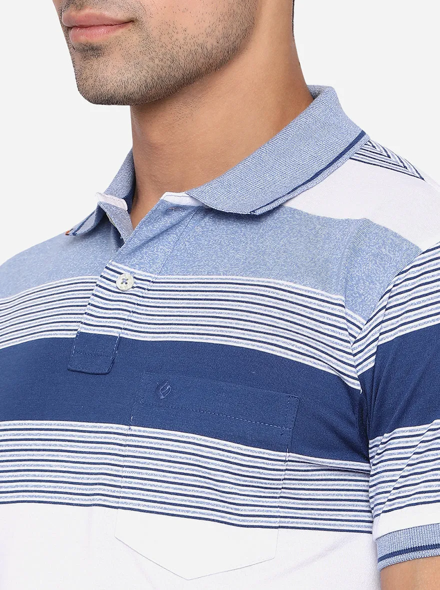 Powder Blue Striped Slim Fit Polo T-Shirt | Greenfibre