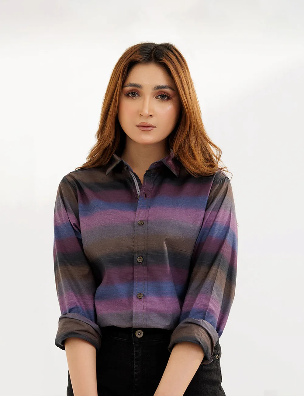 Purple & Grey Striped Cotton Women Shirt