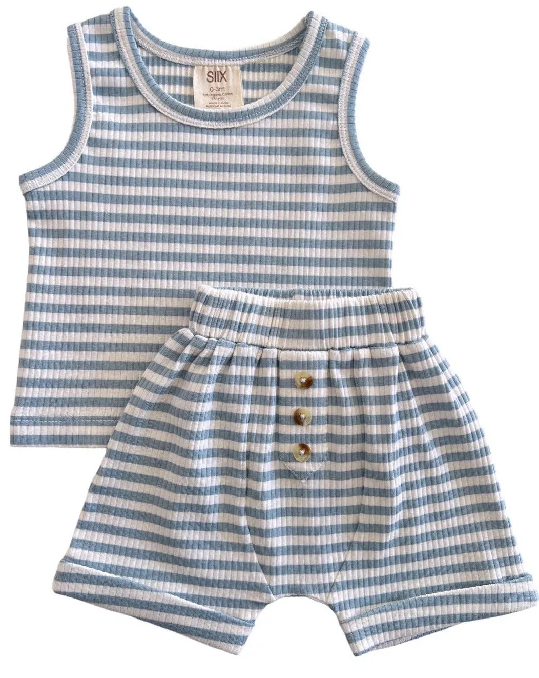 Ribbed Tank & Short Set in Dusty Blue Stripe