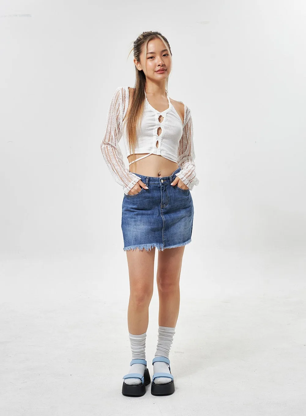 Ripped Hem Denim Mini Skirt CU301