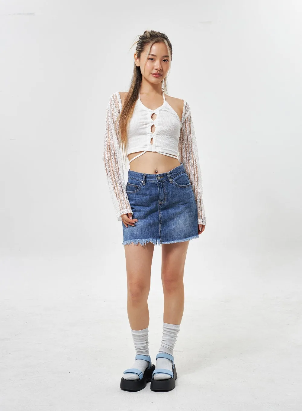 Ripped Hem Denim Mini Skirt CU301