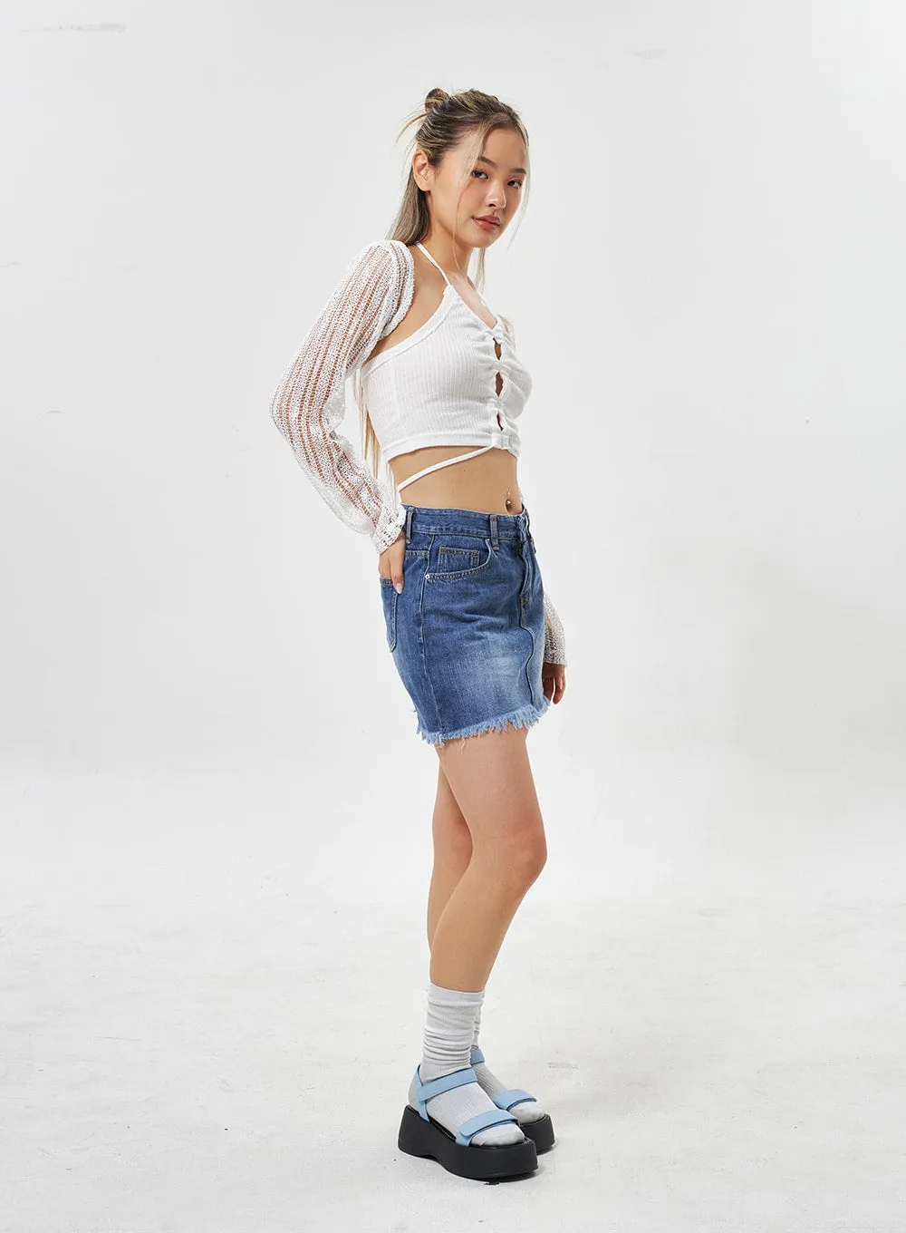 Ripped Hem Denim Mini Skirt CU301