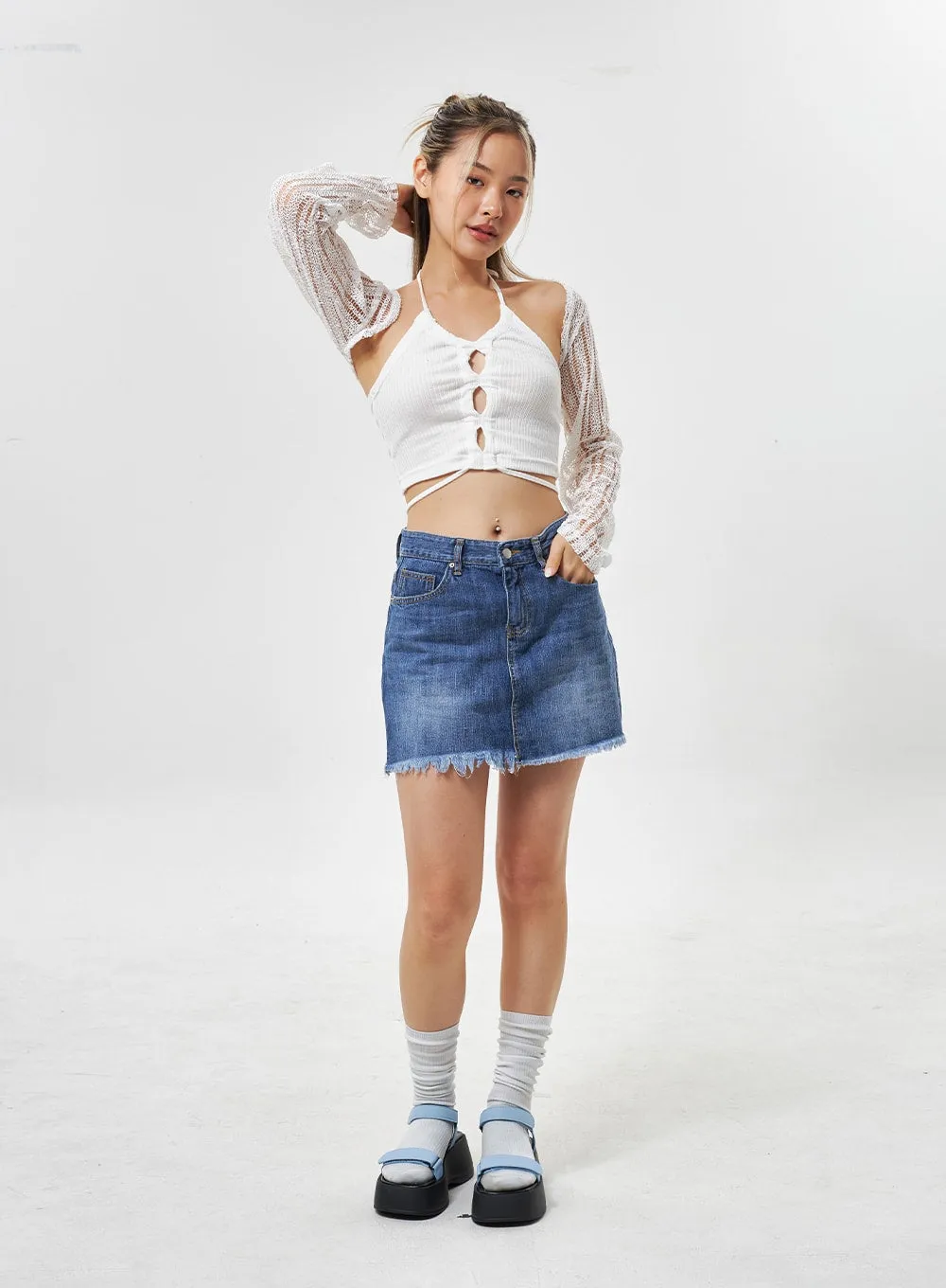 Ripped Hem Denim Mini Skirt CU301