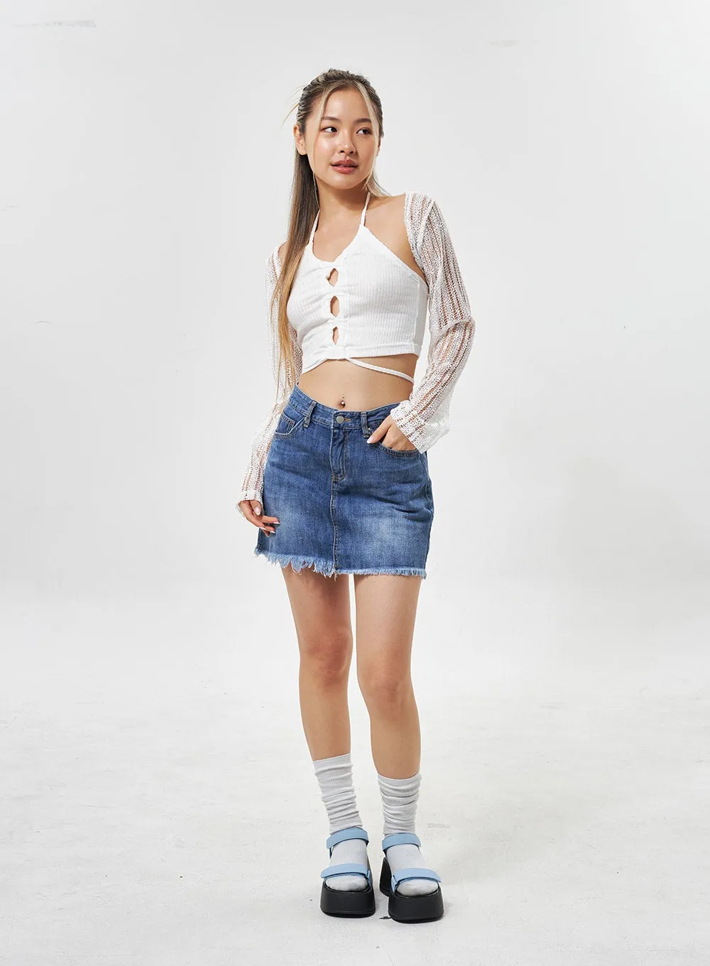 Ripped Hem Denim Mini Skirt CU301