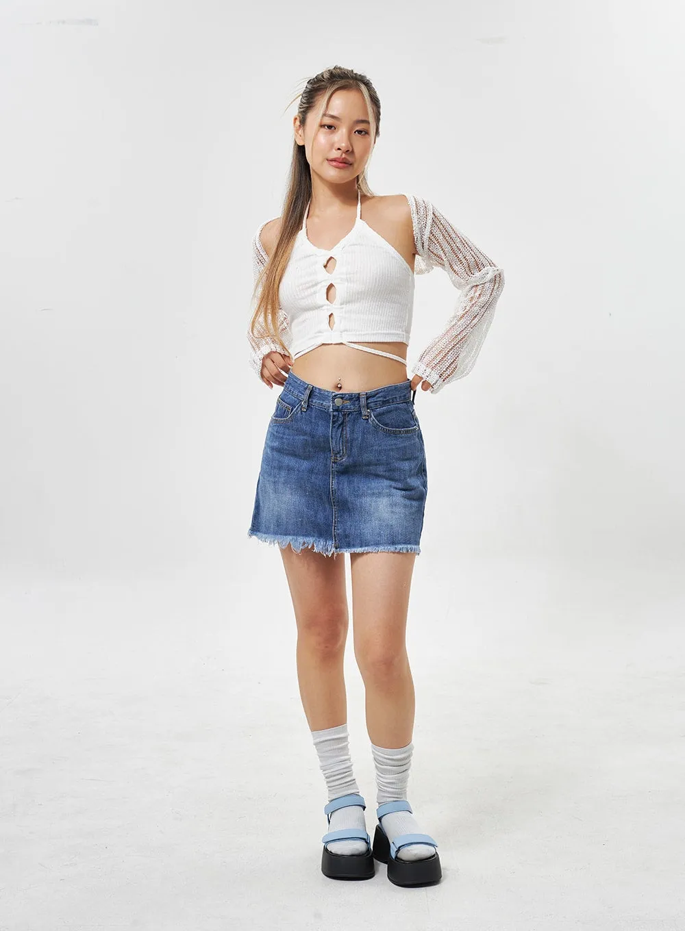 Ripped Hem Denim Mini Skirt CU301