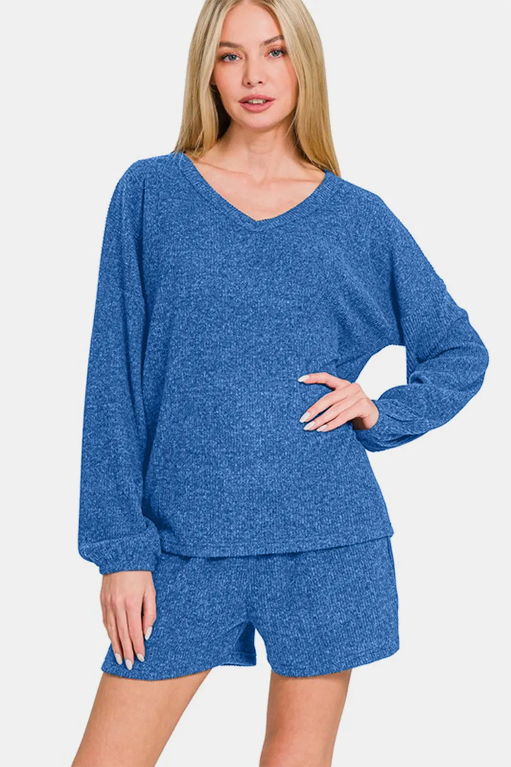 Royal Blue V-Neck Long Sleeve Ribbed Top and Shorts Set