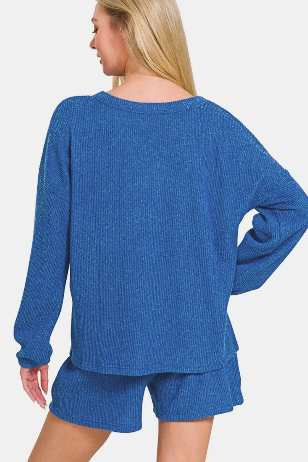 Royal Blue V-Neck Long Sleeve Ribbed Top and Shorts Set