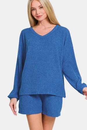 Royal Blue V-Neck Long Sleeve Ribbed Top and Shorts Set