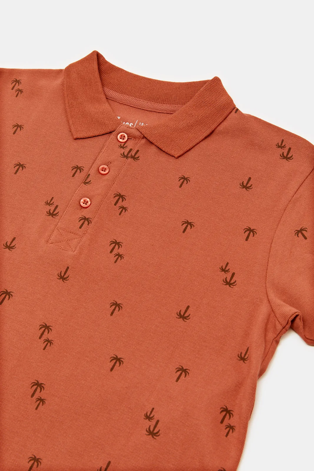 Senior Boys Tan Printed Basic Polo Shirt