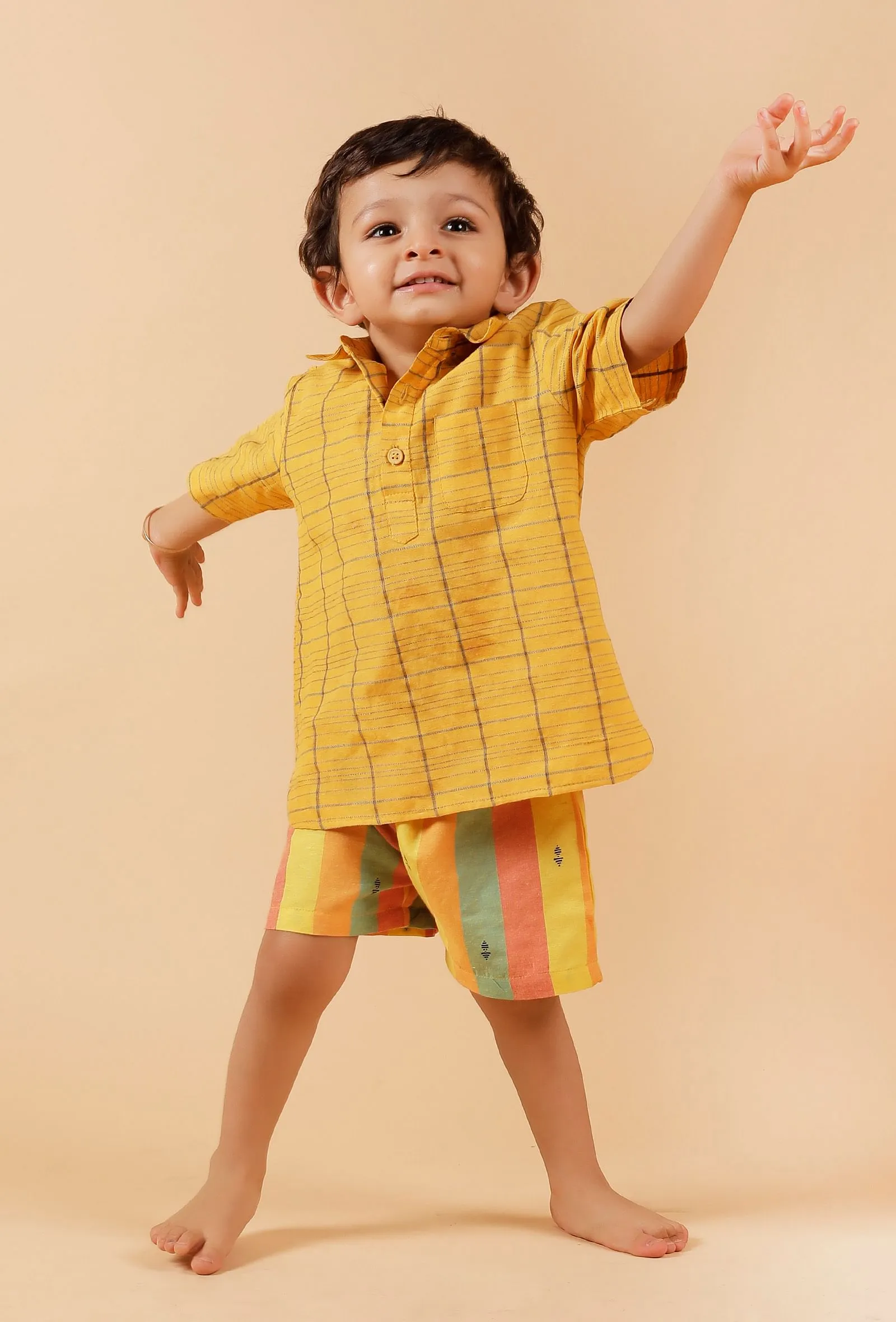 Set Of 2: Yellow Woven Shirt With Yellow Striped Woven Short