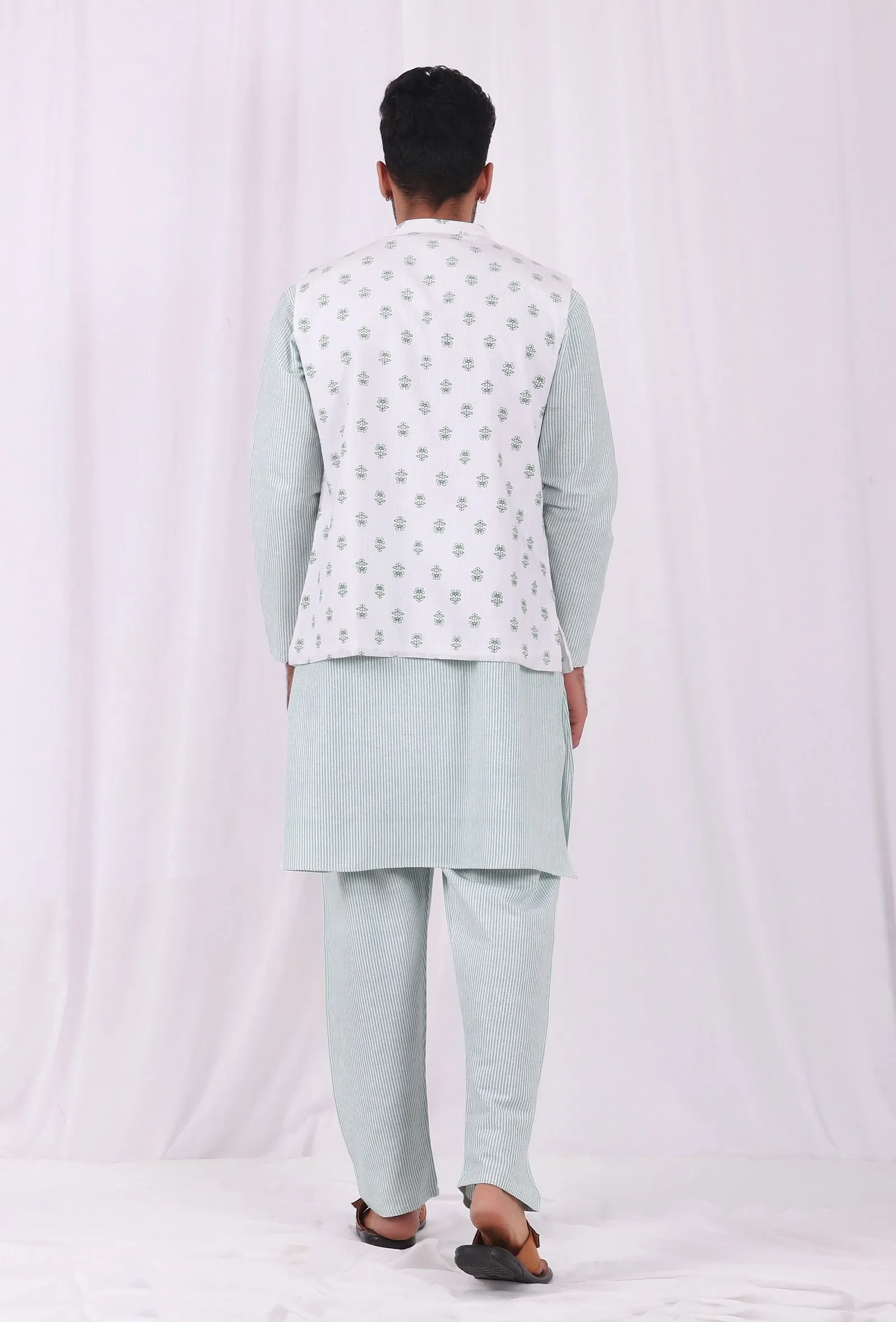 Set of 3: Green Striped Cotton Kurta and Pajama  with Green Hand Block Printed Floral Nehru Jacket